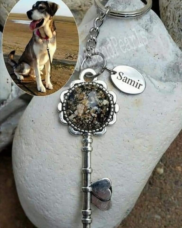 Herzensmaterial von Hund Samir, eingearbeitet in den Schlüssel zum Herzen-Anhänger