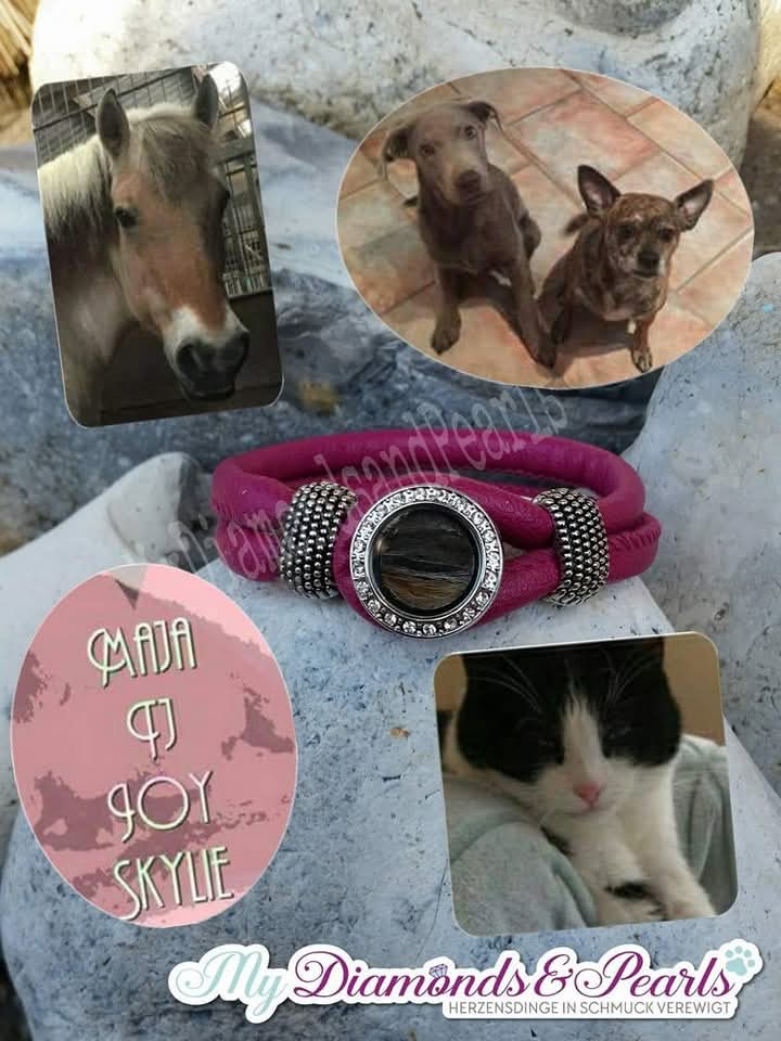 Herzensmaterial von zwei Hunden, einer Katze und einem Pferd eingearbeitet in die Fassung des pinken Lederimitat-Armbands