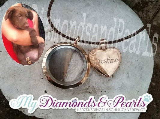 Herzensmaterial von Hund Destino, eingearbeitet in das Edelstahl-Medaillon inkl. graviertem Herz-Anhänger