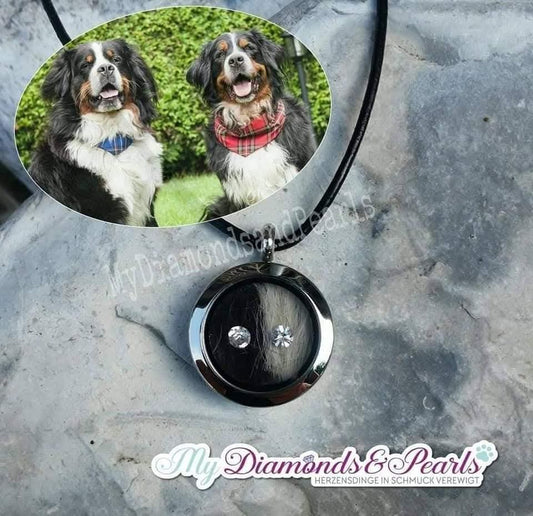 Hunde Herzensmaterial und kleine Glitzersteinchen, eingearbeitet in Edelstahl-Medaillon