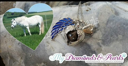 Herzensmaterial von Pferd Flori, eingearbeitet in Flügelherz-Anhänger inkl. Charms & Gravur