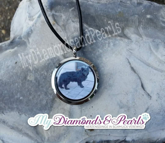 Hund Herzensmaterial eingearbeitet in Edelstahl-Medaillon